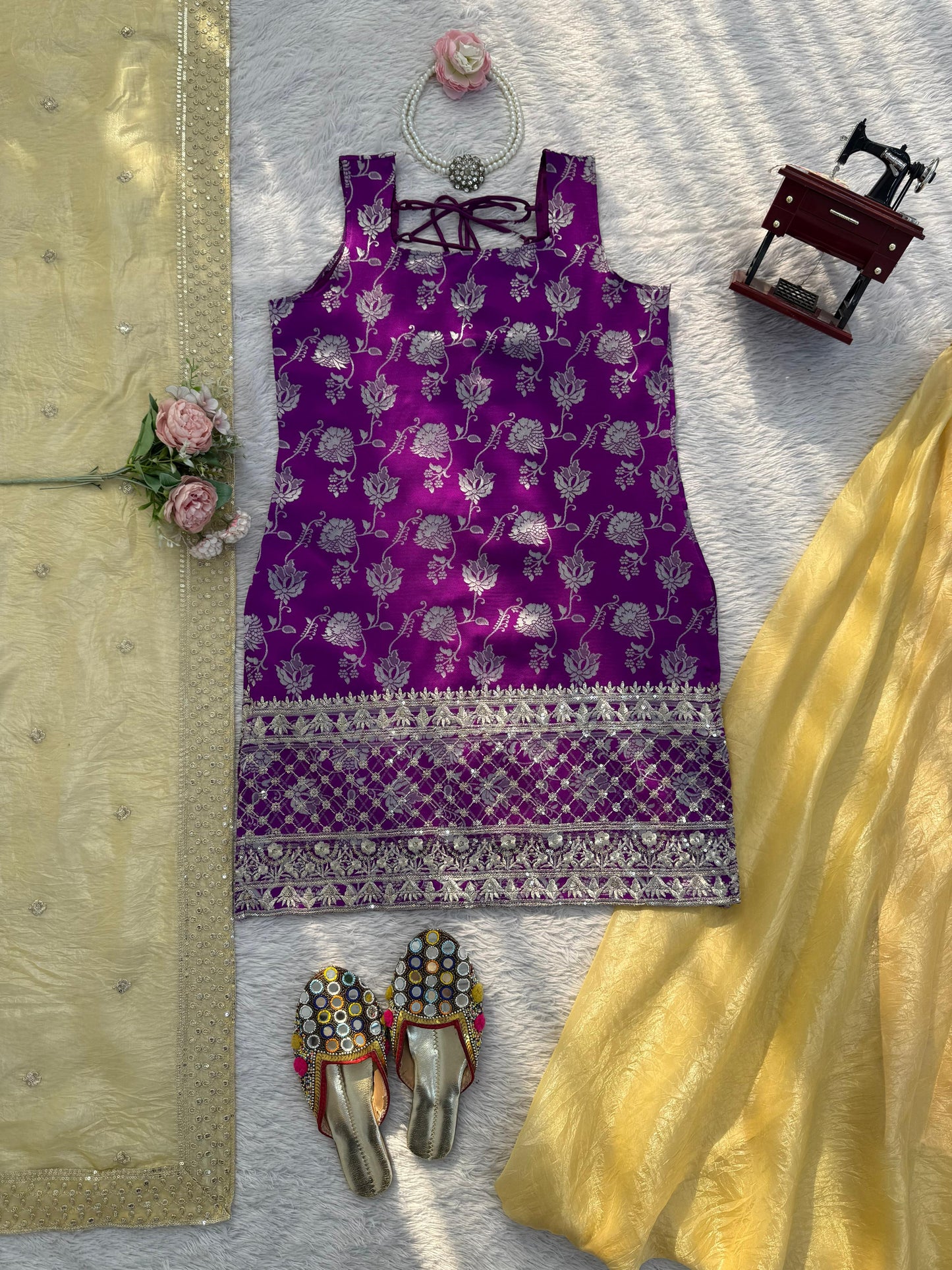 Purple Jequard Suit with Golden Palazzo Pants