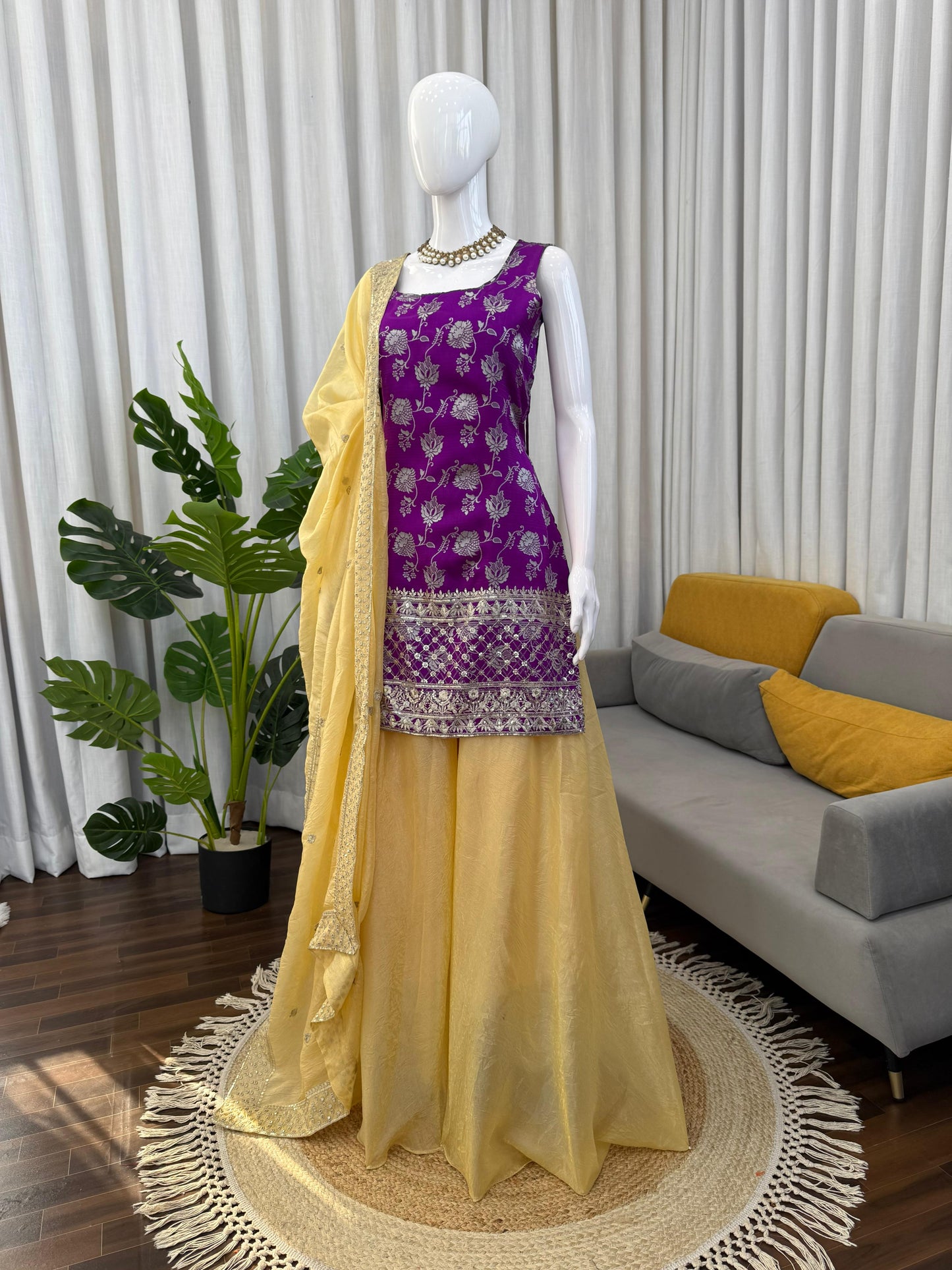 Purple Jequard Suit with Golden Palazzo Pants