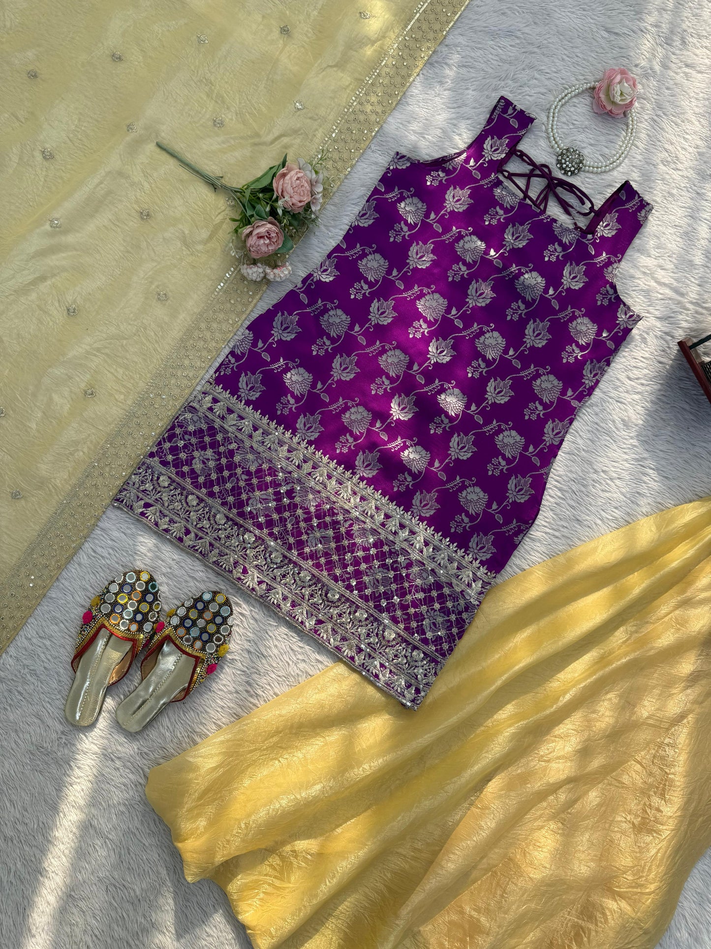 Purple Jequard Suit with Golden Palazzo Pants