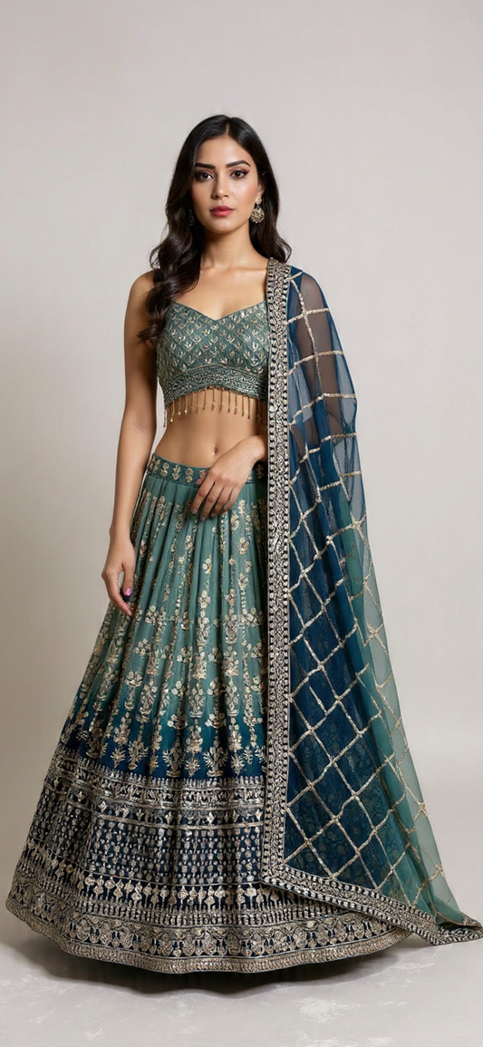 Designer Teal Blue Bridal Faux Georgette Lehenga Choli Set with Heavy Embroidery