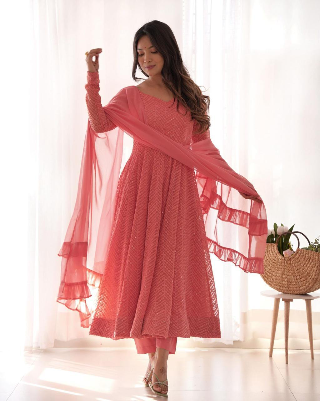 Lucknowi work Fully Flare Kali Pattern Anarkali with Pant & Dupatta Set