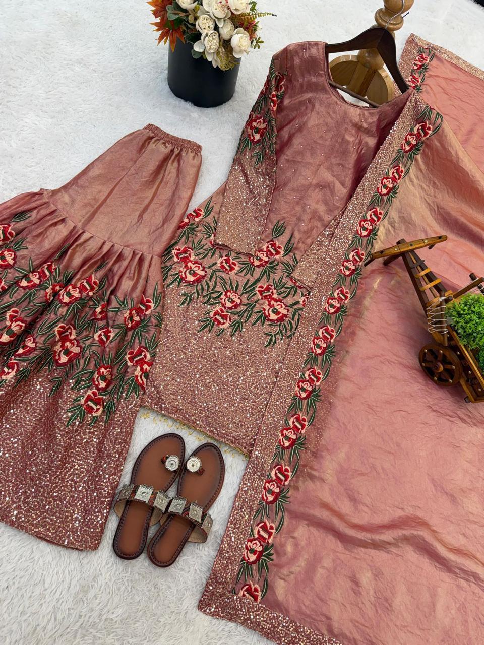 Fendy silk heavy embroidery sequin work Sharara Suit