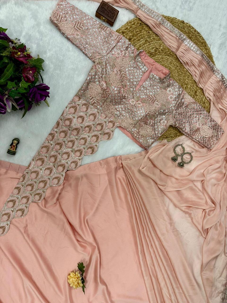 Peach Drape-Style Ready to Wear Saree with Heavy Embroidered Blouse