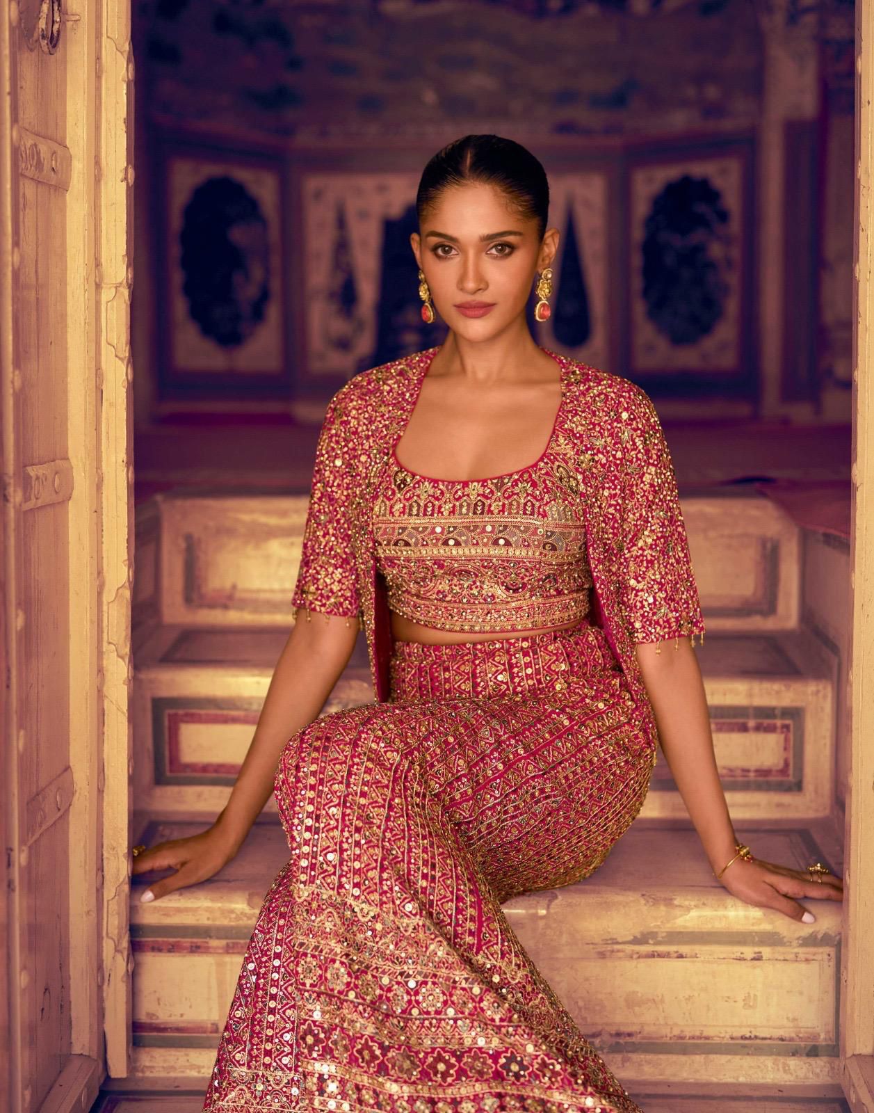 Georgette Indowestern with Jacket and Plazzo with Zarkan Detailing