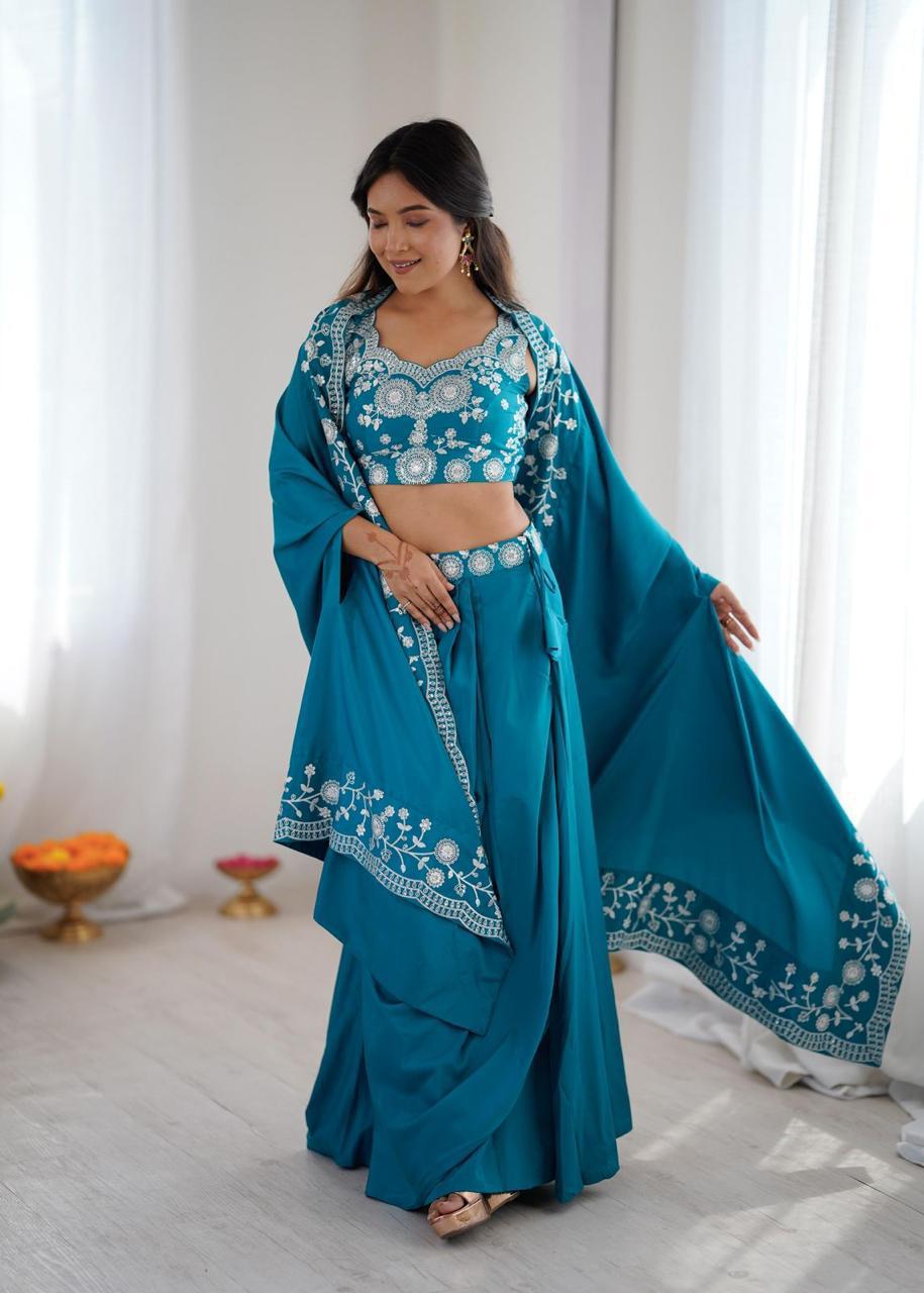 Blue French Crepe Dhoti with Shrug Set