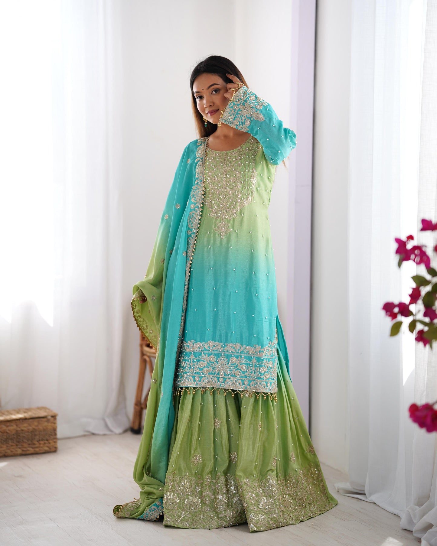 Designer Chinon rivet moti embroidery Palazzo Set ✨