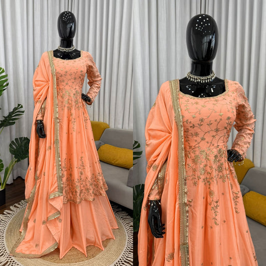 Peach Chinon Gown with Skirt