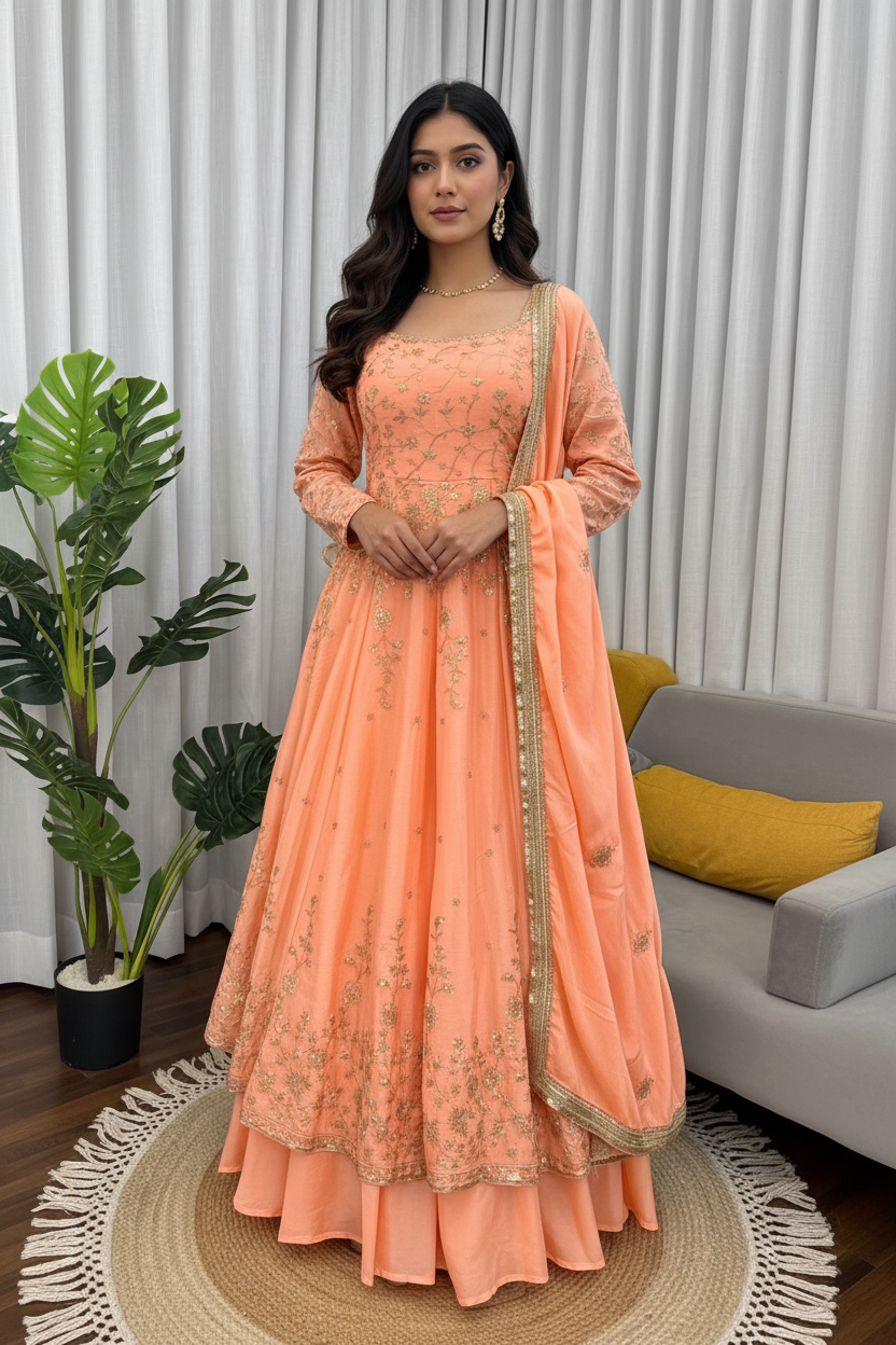 Peach Chinon Gown with Skirt