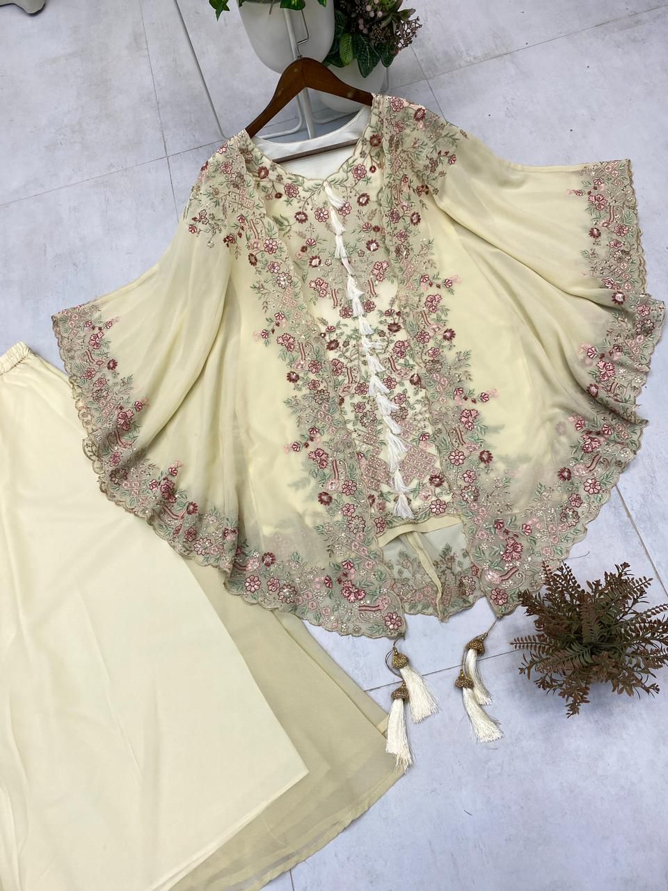 Designer Indo-Western Kurta Palazzo Set with Embroidered Shrug