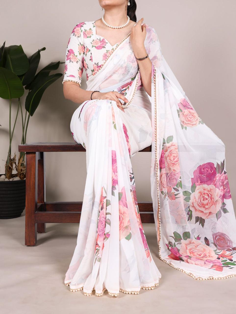 Elegant Georgette Printed Saree with Pearl Lace Border