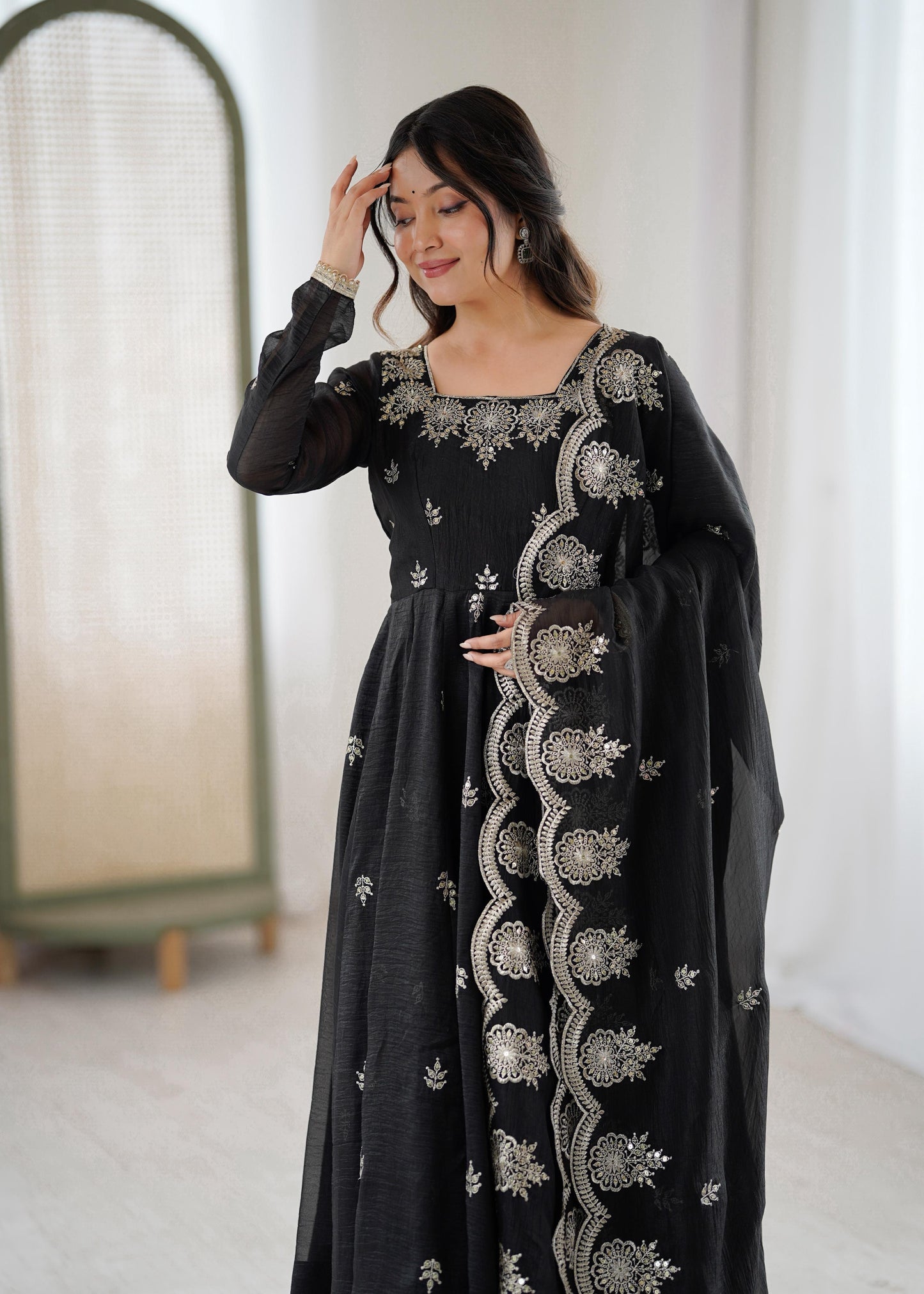 Crunchy Silk Embroidery Sequin Gown with Pants