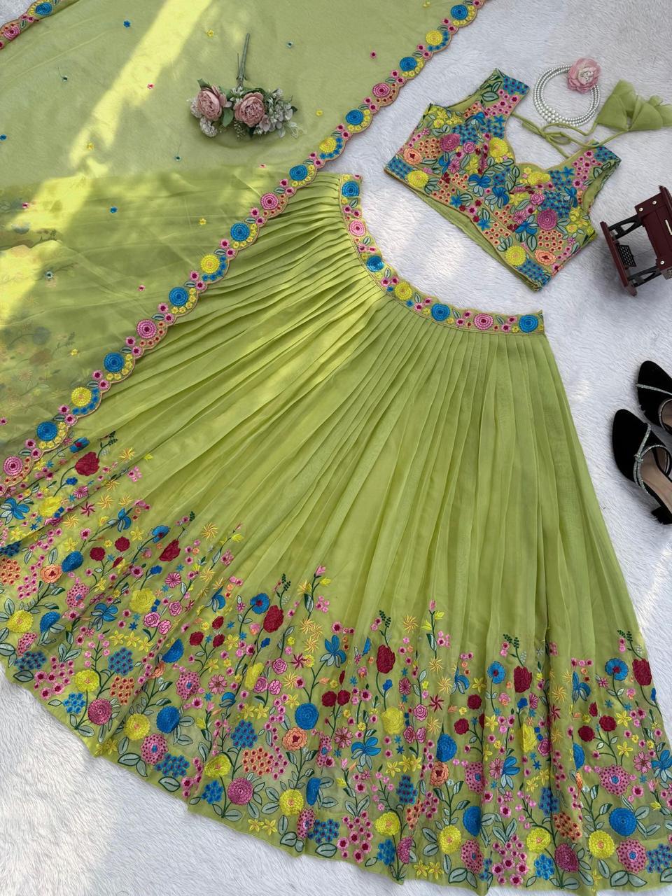 Green Tabby Organza Silk Lehenga with Floral Embroidery