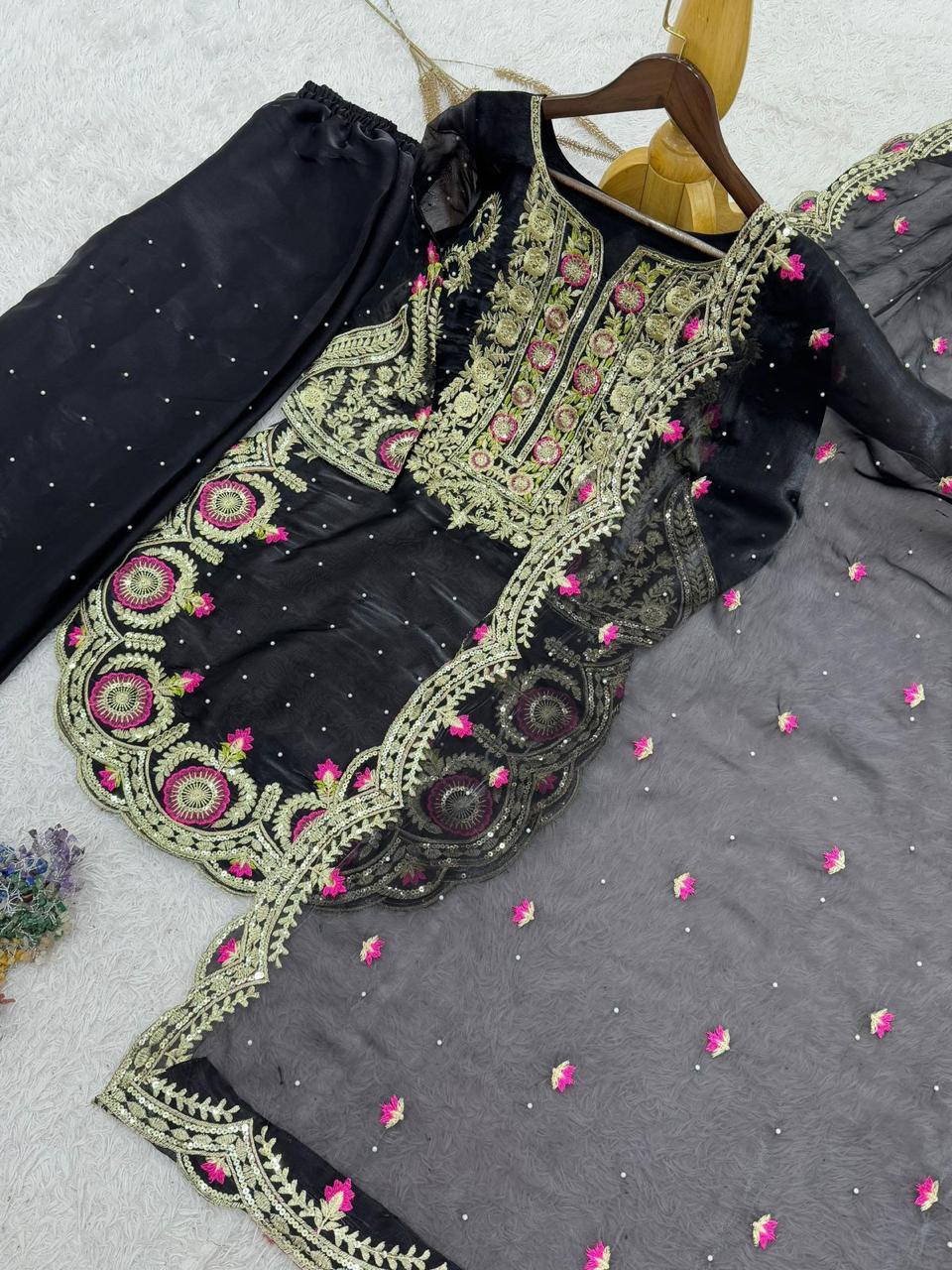 Black Silk Apple Cut Suit with Palazzo Pants