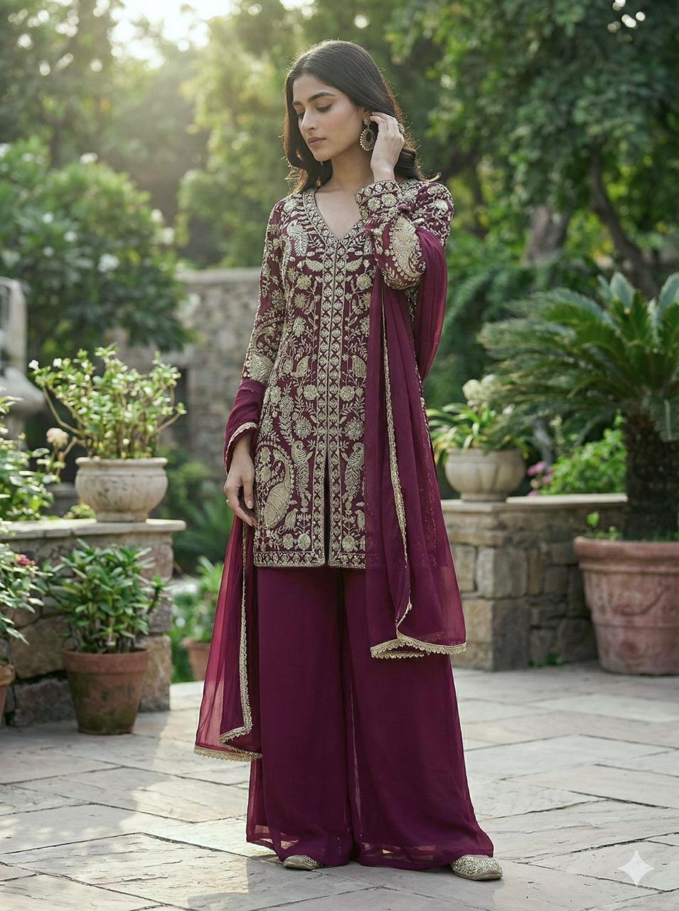 Heavy Faux Georgette Palazzo Set with elegant sequin embroidery