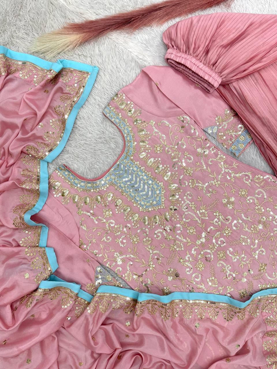 Pink Chinon kurti with Crushed Plazzo