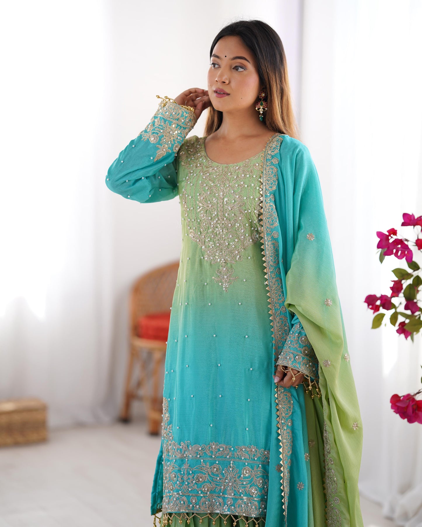 Designer Chinon rivet moti embroidery Palazzo Set ✨