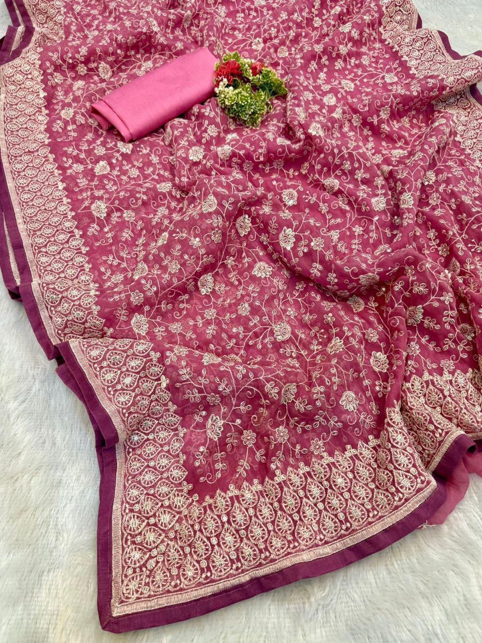 Chikankari Work Shimmer Silk Saree
