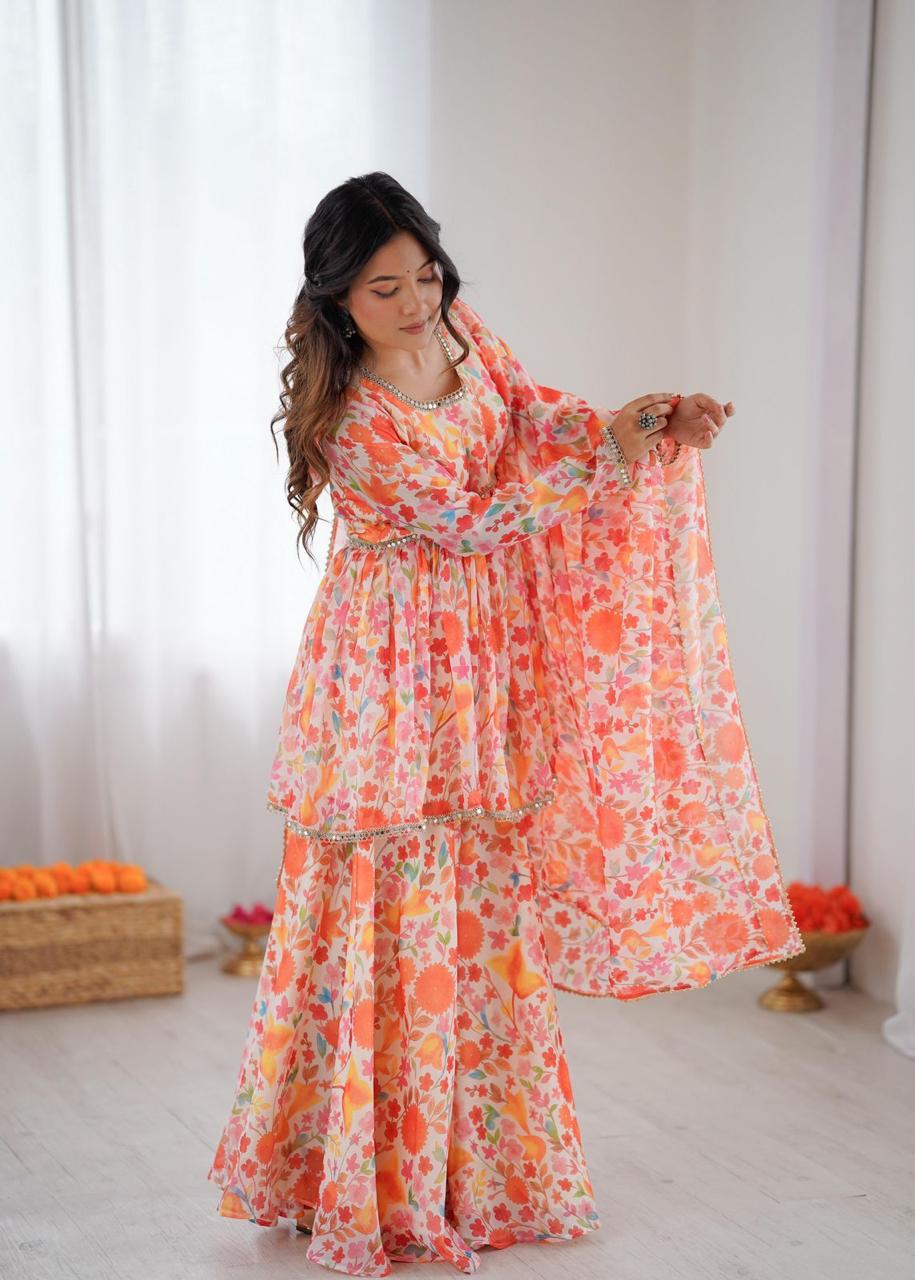 Floral Kediya Style Kurta with Palazzo Pants