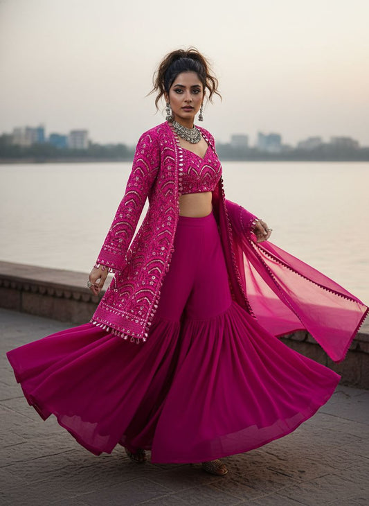 Pink Indo-Western Sharara Set with Embroidered Jacket