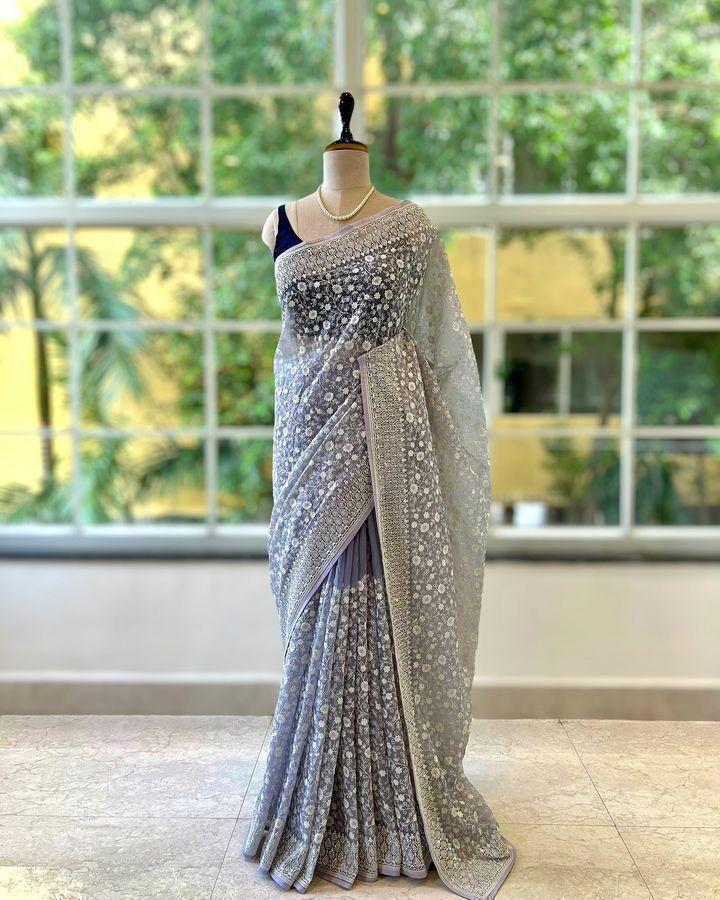 Chikankari Work Shimmer Silk Saree