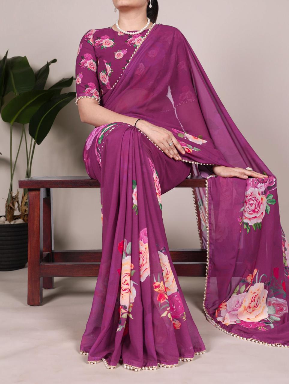 Elegant Georgette Printed Saree with Pearl Lace Border