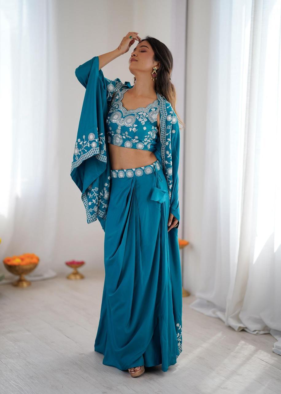 Blue French Crepe Dhoti with Shrug Set