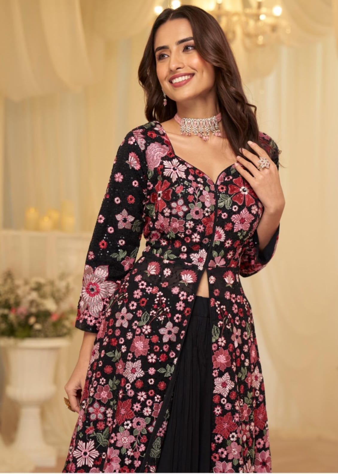 Real Georgette Heavy Embroidery Long Shrug with Skirt