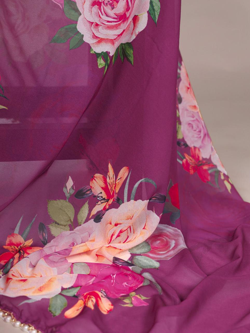 Elegant Georgette Printed Saree with Pearl Lace Border