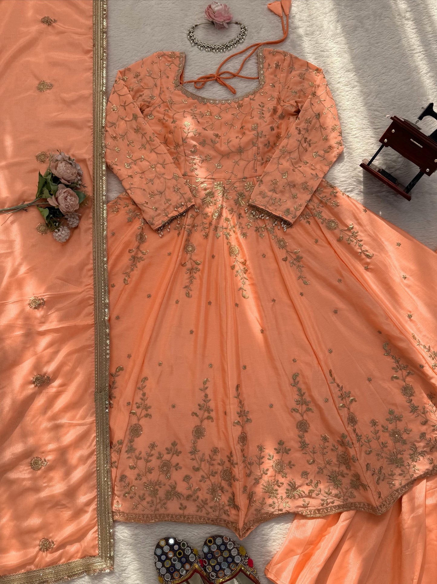 Peach Chinon Gown with Skirt