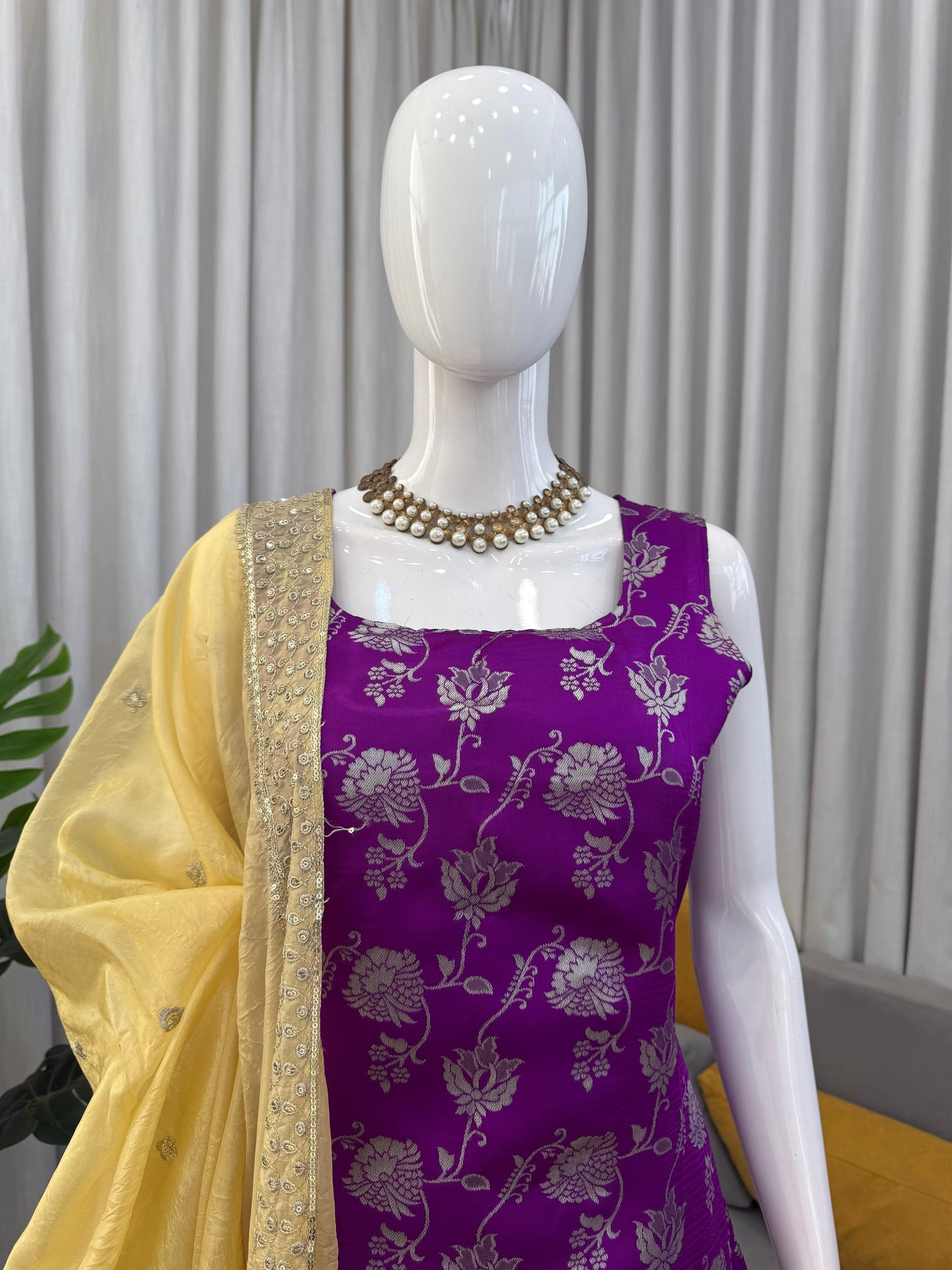 Purple Jequard Suit with Golden Palazzo Pants