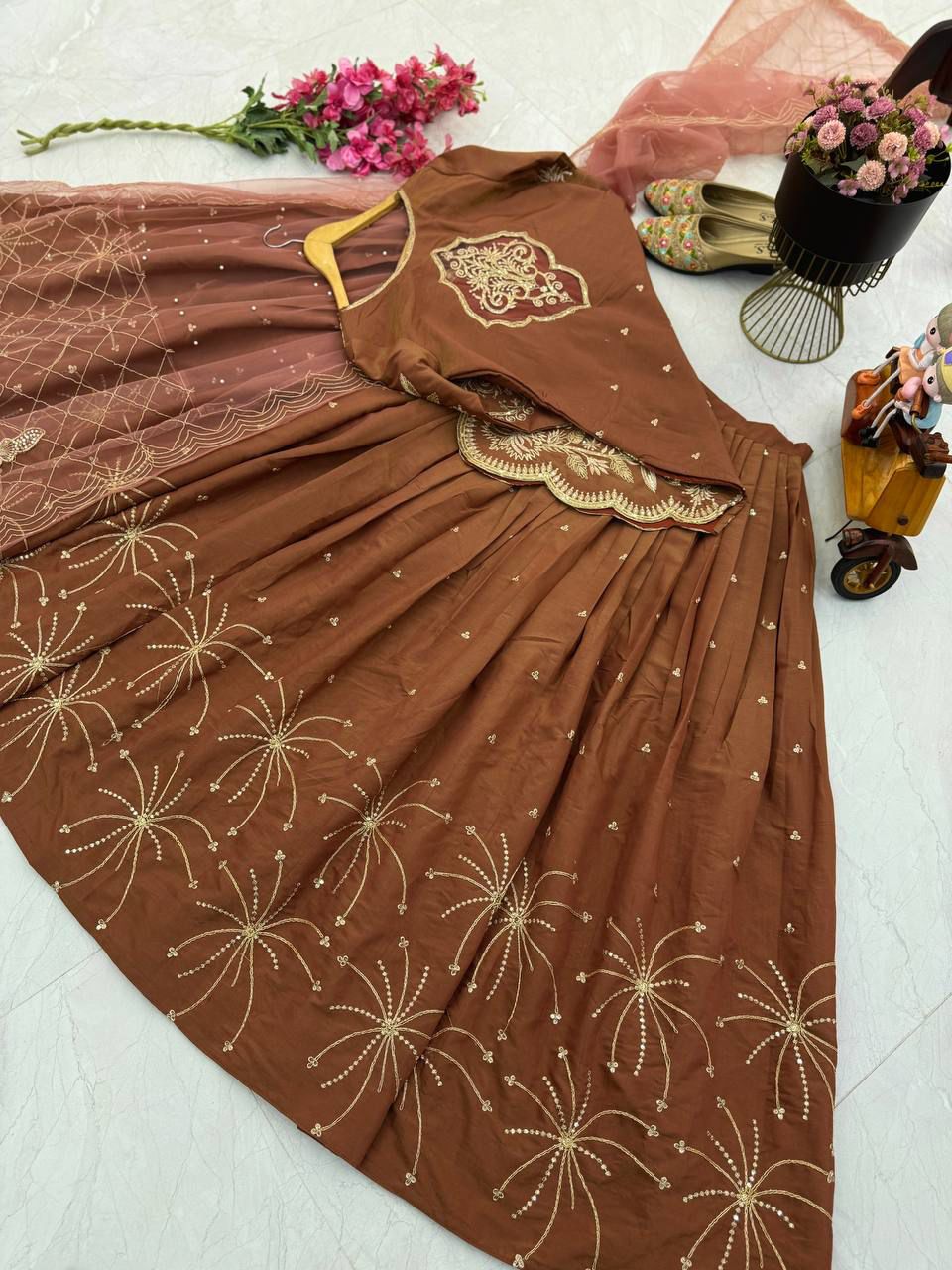 Brown Simmer Silk Embroidery Detailing Lehenga