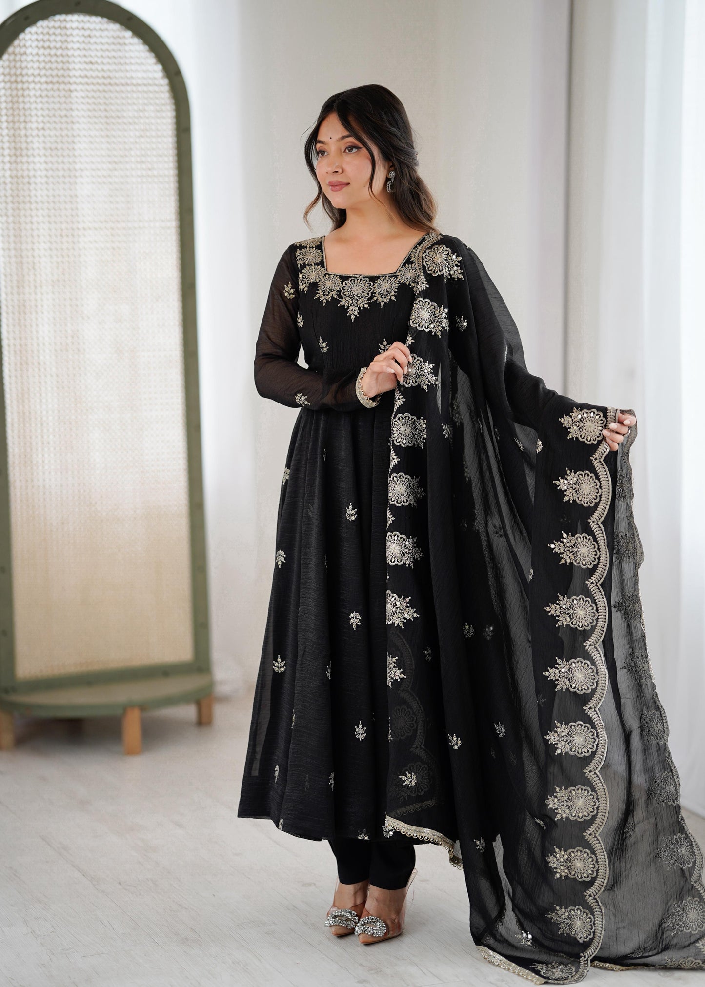 Crunchy Silk Embroidery Sequin Gown with Pants