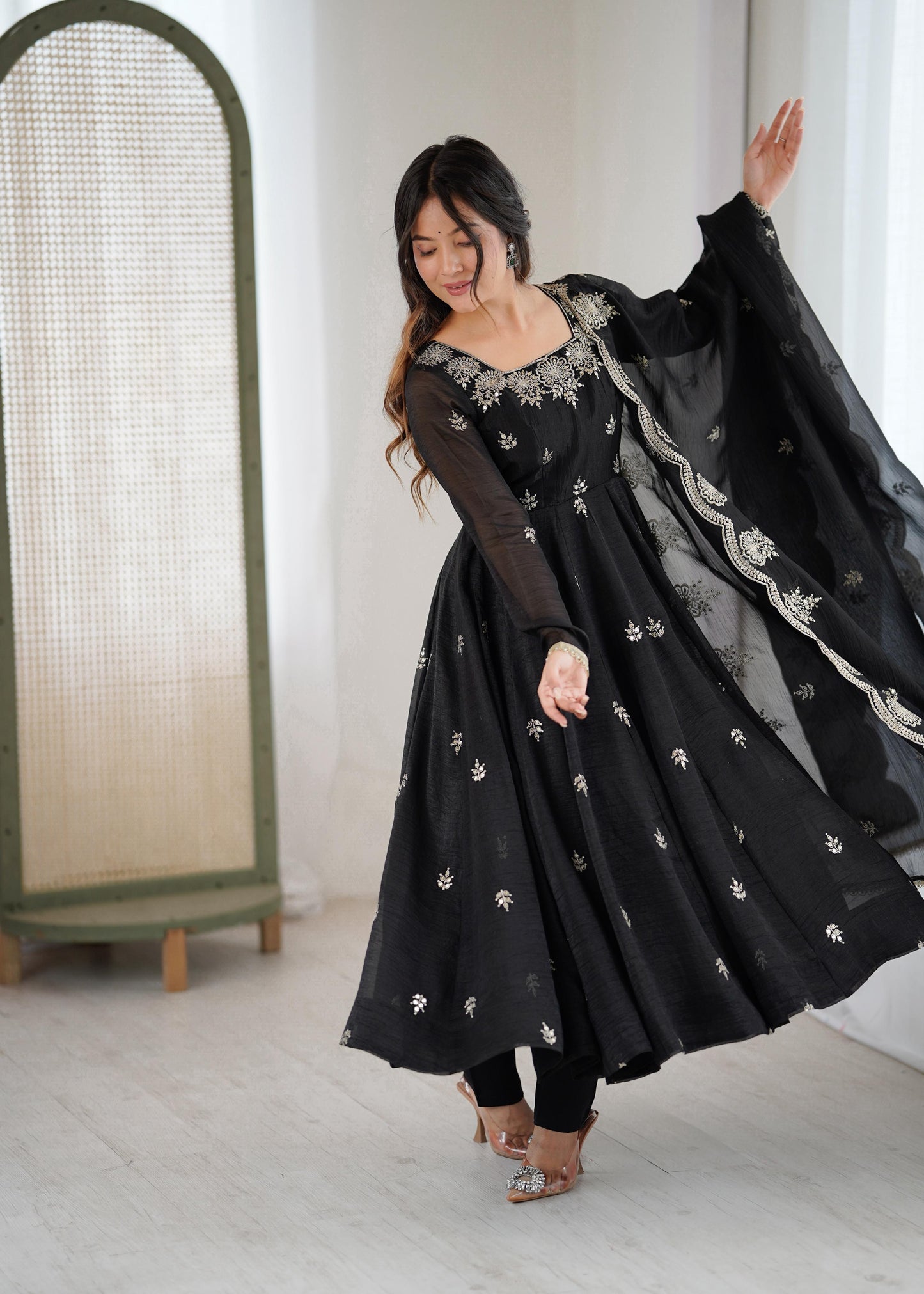 Crunchy Silk Embroidery Sequin Gown with Pants