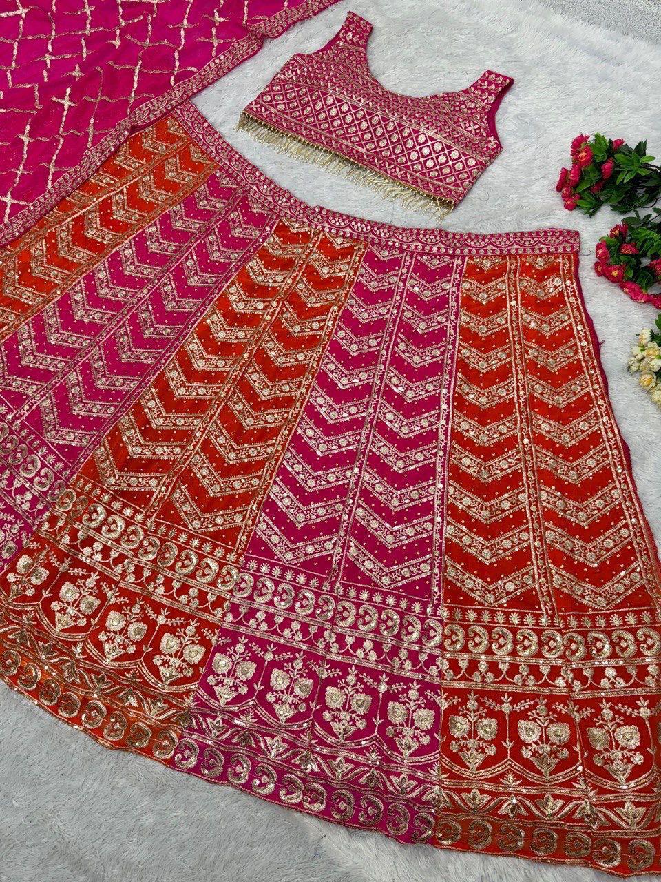 Orange Pink Faux Georgette Lehenga