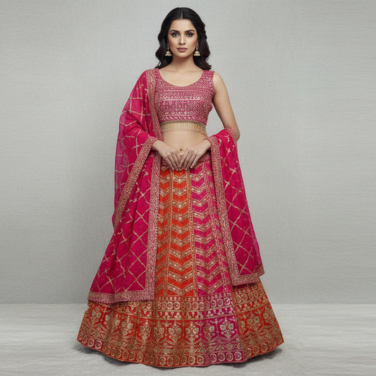 Orange Pink Faux Georgette Lehenga