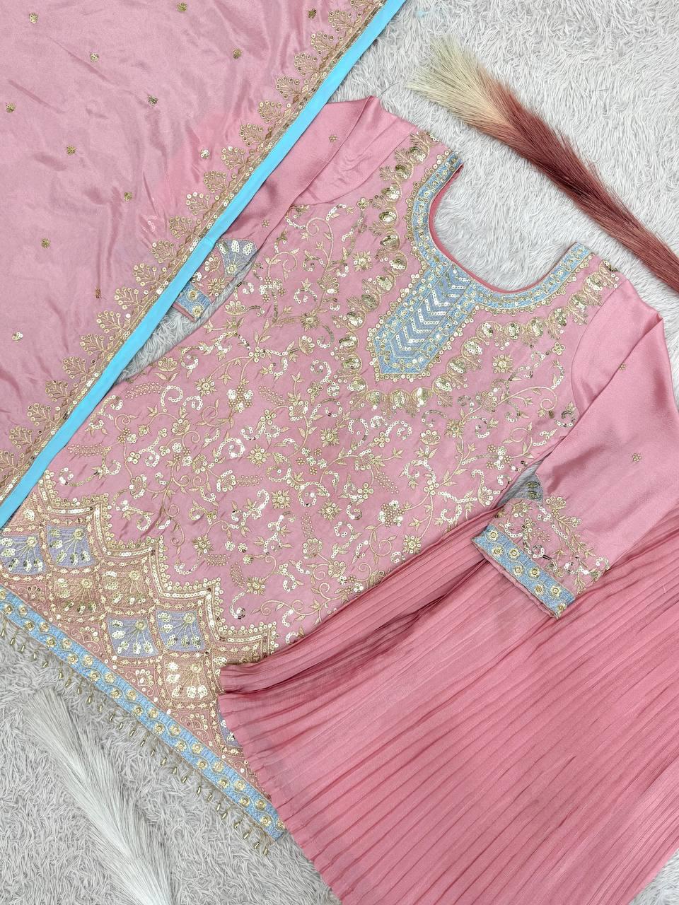 Pink Chinon kurti with Crushed Plazzo