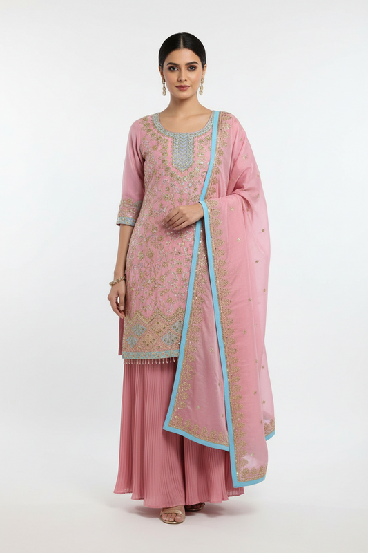 Pink Chinon kurti with Crushed Plazzo