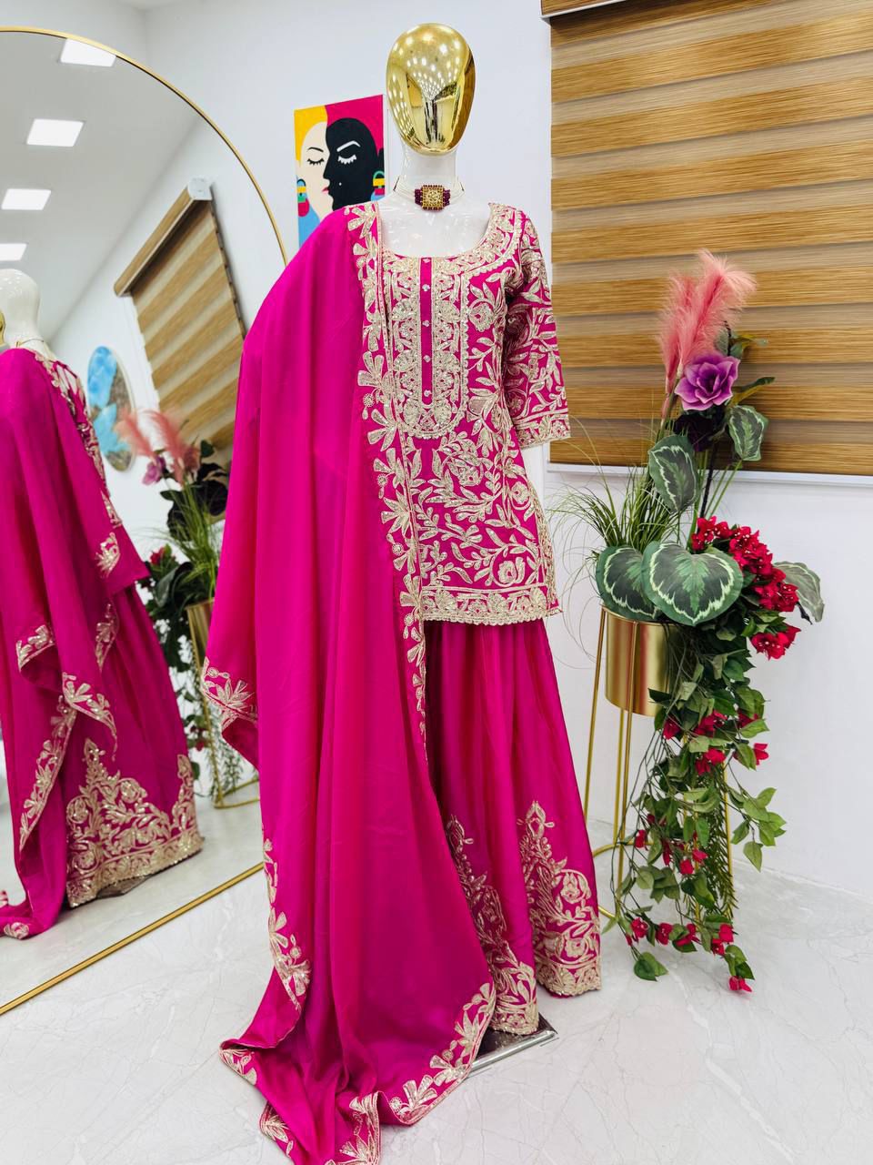 Designer Chinon Silk Sharara Set with Sequin Embroidery & Dupatta