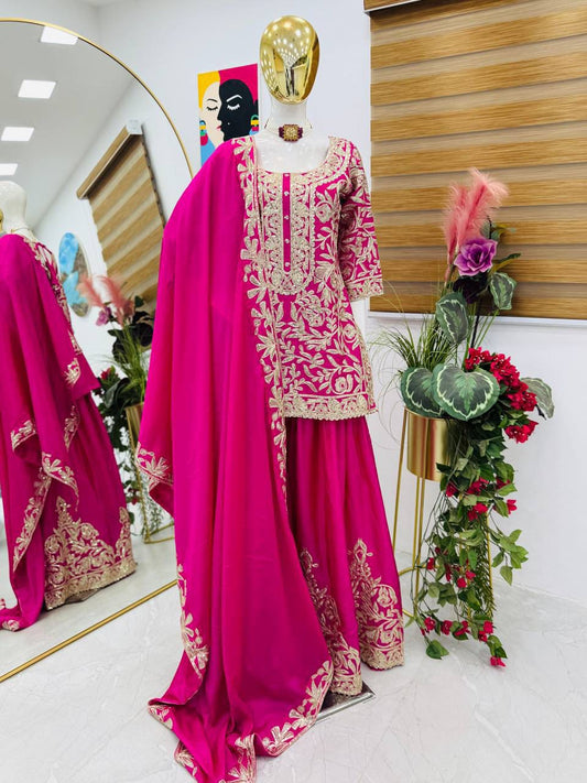 Designer Chinon Silk Sharara Set with Sequin Embroidery & Dupatta