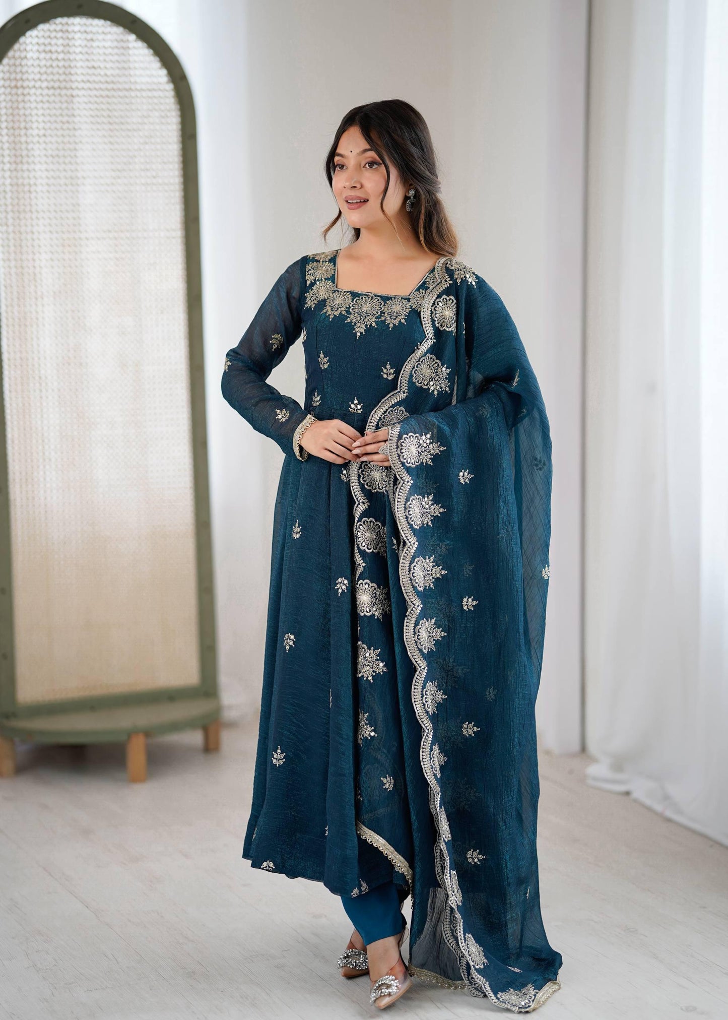Crunchy Silk Embroidery Sequin Gown with Pants