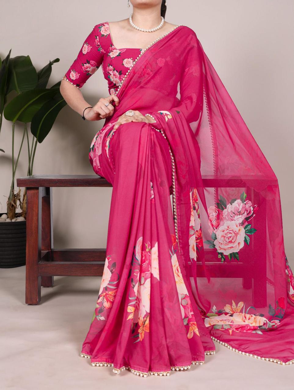 Elegant Georgette Printed Saree with Pearl Lace Border