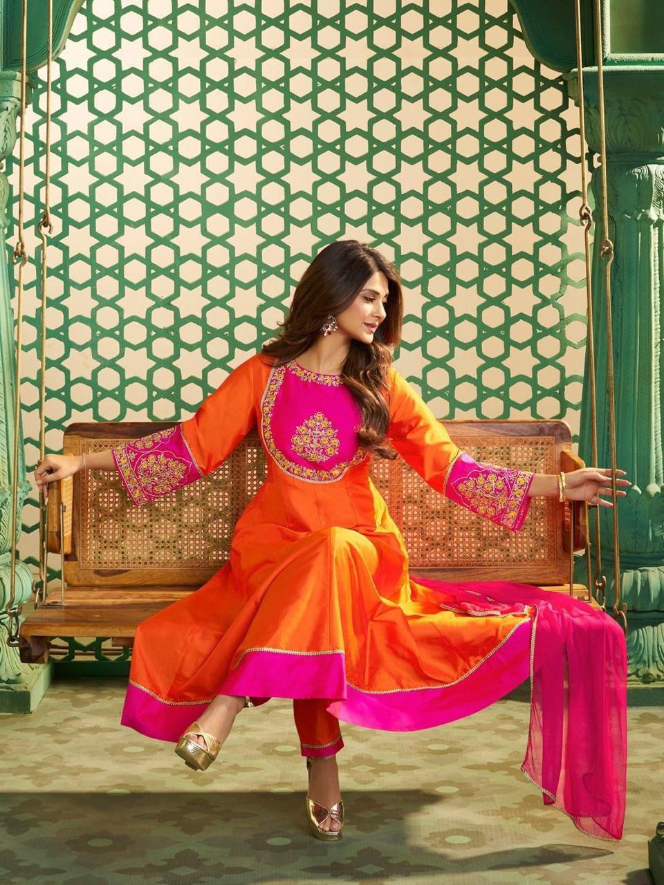 Viscose Chanderi Cotton Silk Anarkali Suit with Pants