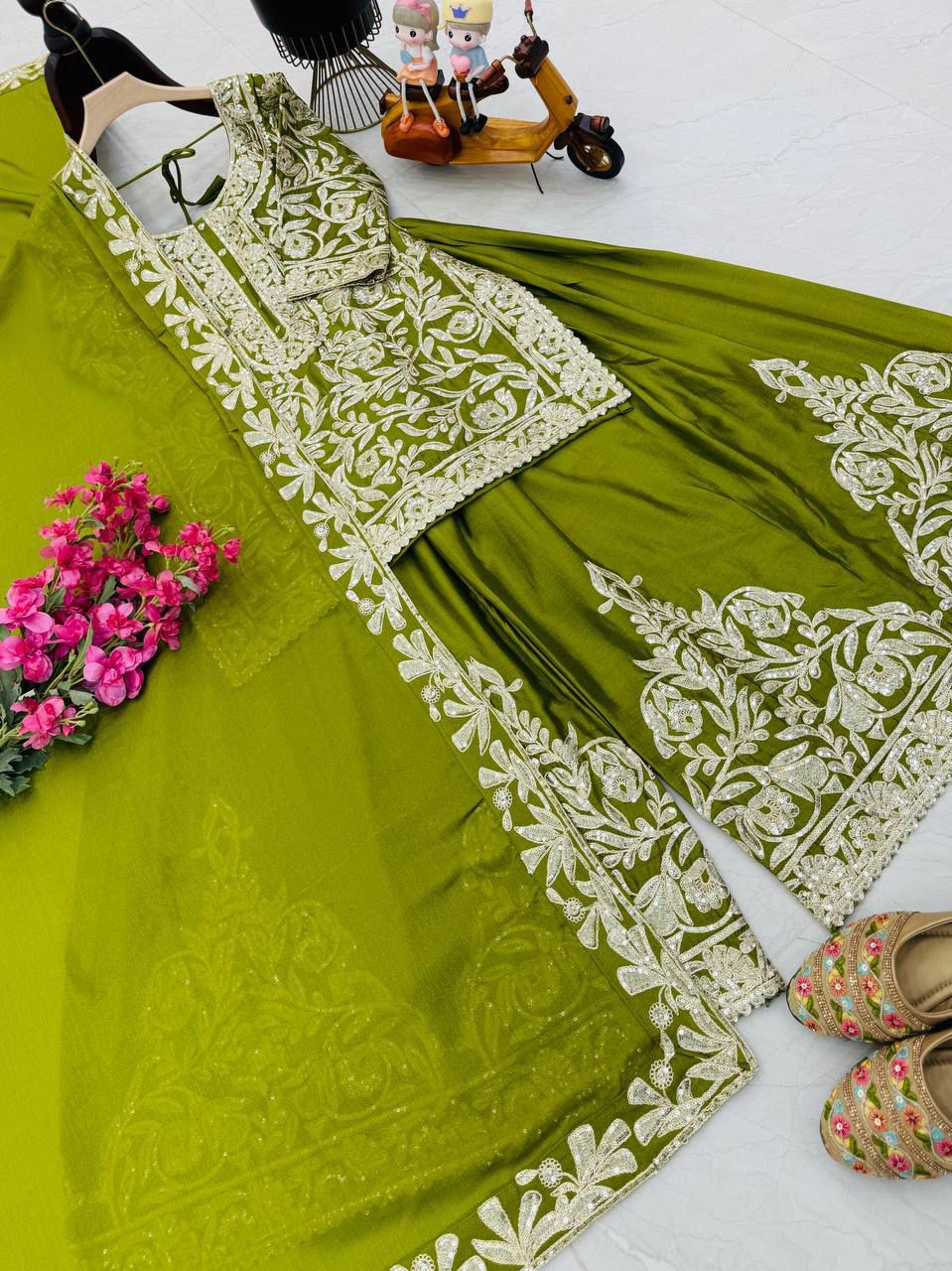 Designer Chinon Silk Sharara Set with Sequin Embroidery & Dupatta