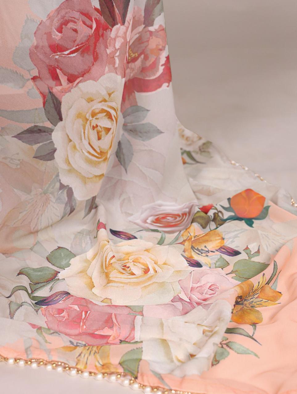 Elegant Georgette Printed Saree with Pearl Lace Border