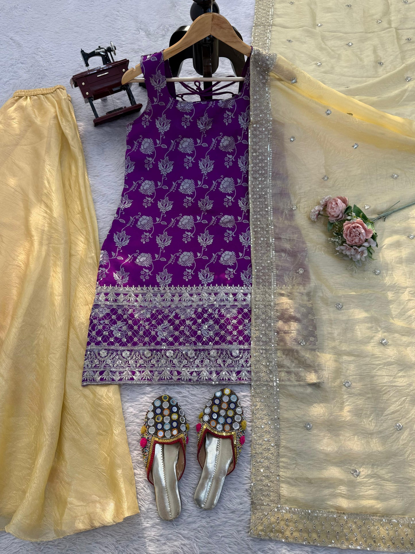 Purple Jequard Suit with Golden Palazzo Pants