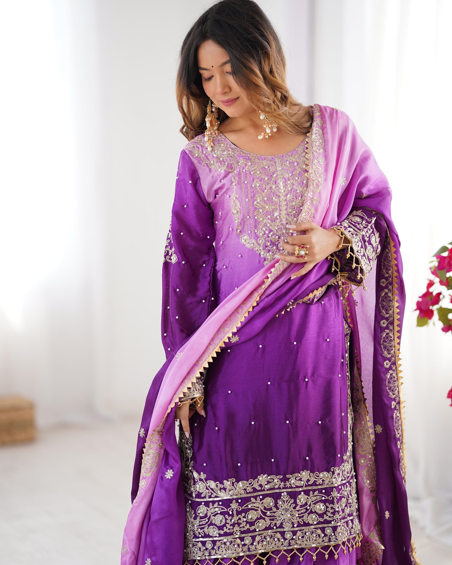 Designer Chinon rivet moti embroidery Palazzo Set ✨
