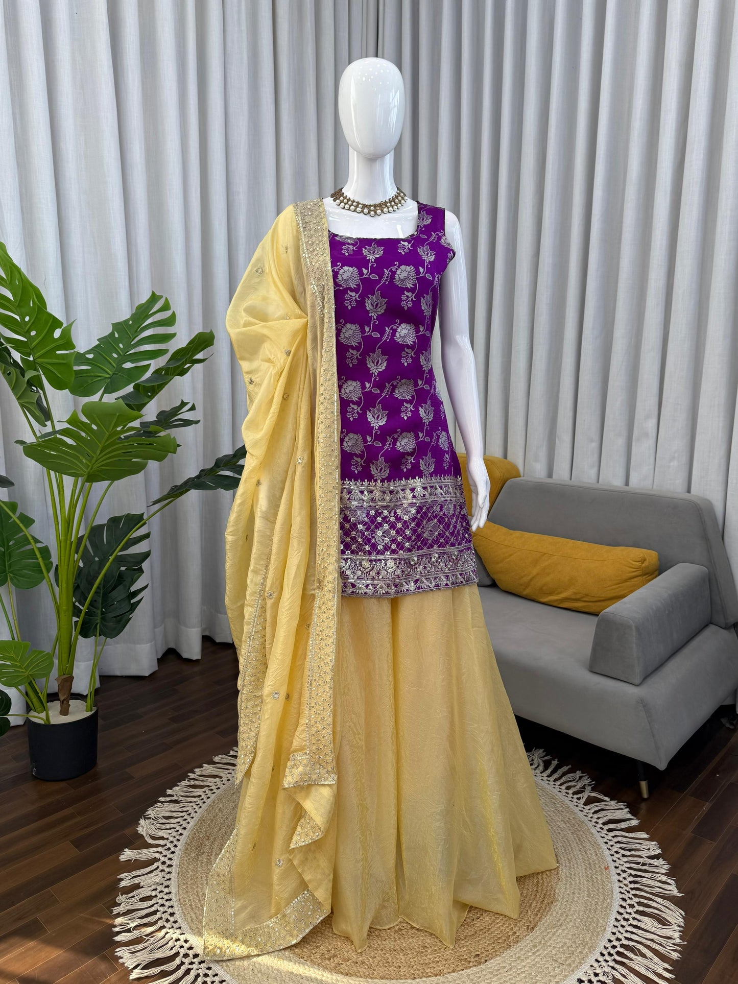 Purple Jequard Suit with Golden Palazzo Pants