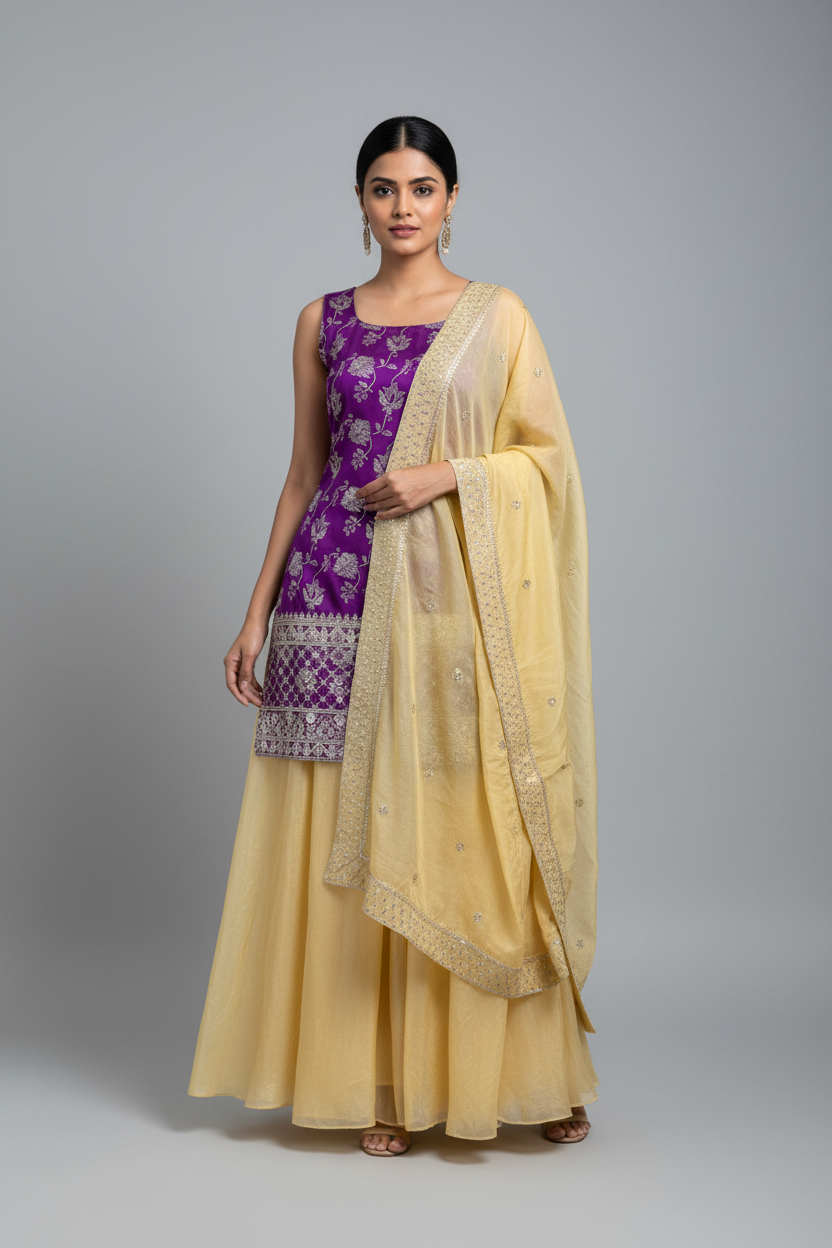 Purple Jequard Suit with Golden Palazzo Pants