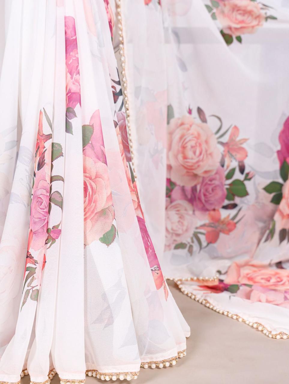 Elegant Georgette Printed Saree with Pearl Lace Border