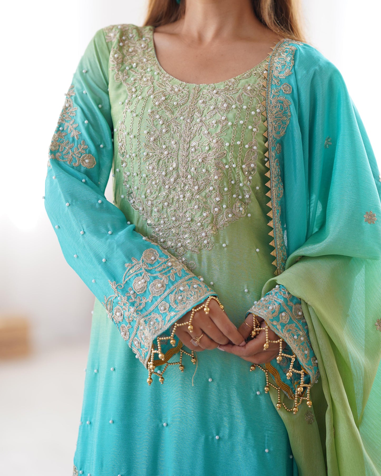 Designer Chinon rivet moti embroidery Palazzo Set ✨